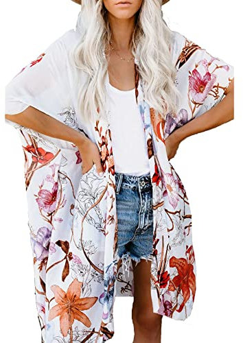 JayscreateEU Damen Kimono Cardigan Sommer Cover up Bikini Bluse Boho StrandCardigan Fledermausärmel Chiffon Strickjacke Strandkleidung
