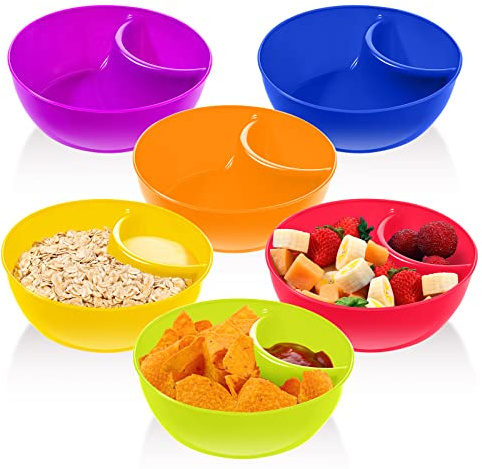 Weewooday Snack and Dip Bowls, Chips Serving Bowls Anti Soggy Divided Bowl plastic Stackable Dish Microwave and Dishwasher Safe Container for Chips, Dips Snacks Salsa Salad Nuts, 6 Colors (6 Pcs)