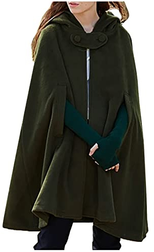 Wollen Umhang mit Kapuze Damen Vintage Einfarbig Poncho Robe Halloween Kostüm Leichte Trenchcoat Winddichte Jacke Cape Mantel Open Front Strickjacke Mittelalterliche Kleidung Herbst Winter Outwear