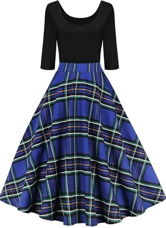 AXOE Damen Vintage Kleid 50er Jahre Rockabilly 3/4-Arm | Stretch-Oberteil mit Bedrucktem Baumwollrock, Hohe Taille, Cockailkleid für Gartenparty, Retro-Event, Festlich, Hochzeitgast