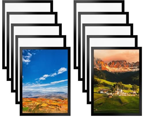Natuce 10 Stück Magnetrahmen, 32.5 x 24CM Info-Rahmen Selbstklebend mit Magnetverschluss, Plakatrahmen Transparent, Plastik Blatthalter, Kunstgemälderahmen, Magnetrahmen für Wand Fenster Tür (Schwarz)