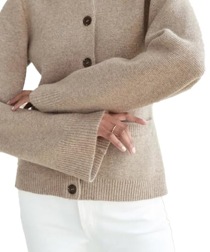 Superweiche Strickjacke mit Knöpfen,Superweiche Strickjacke mit Knöpfen,Schmaler Pullover mit festen Farben,Strickjacke mit weiten Ärmeln und Schößchen mit Rundhalsausschnitt (Taupe,Large)