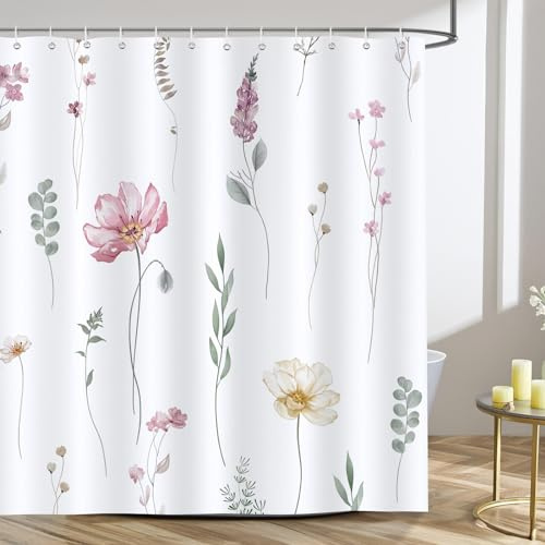 Bonhause vattenfärg blommigt duschdraperi rosa beige blommor löv badrumsdraperi 180 x 180 cm vattentätt mögel- och mögelbeständigt polyestertyg duschdraperi med 12 krokar