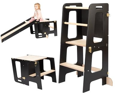 DeveKids Lernturm ab 1 Jahr (Schwarz und Holz, Mit Rutsche)