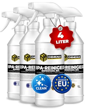 MRM Chemicals - Isopropanol 85% IPA 4 x 1L in Sprühflasche – Isopropylalkohol Reinigungsalkohol für Elektronik, Glas, Auto & Werkstatt – Klebereste Entferner, fettlösend & rückstandsfrei