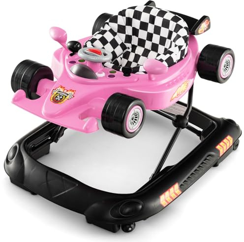 DREAMADE Lauflernwagen Klappbar, Rennauto-Motiv Lauflernhilfe mit 3 Einstellbaren Höhen, Abnehmbarem Musiktablett & Sitz, Gehhilfe für Baby von 6-14 Monaten (Pink)