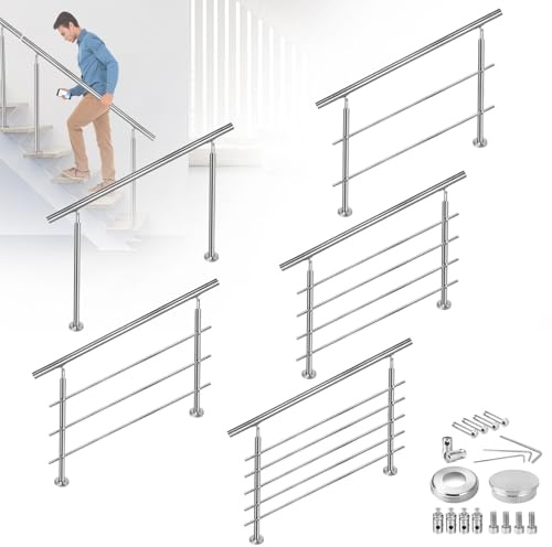 FIVMEN Edelstahl Treppengeländer Außen 200cm Handlauf Geländer Brüstung mit 2 Pfosten Bausatz Treppen für Innen und Außen, 5 Querstreben