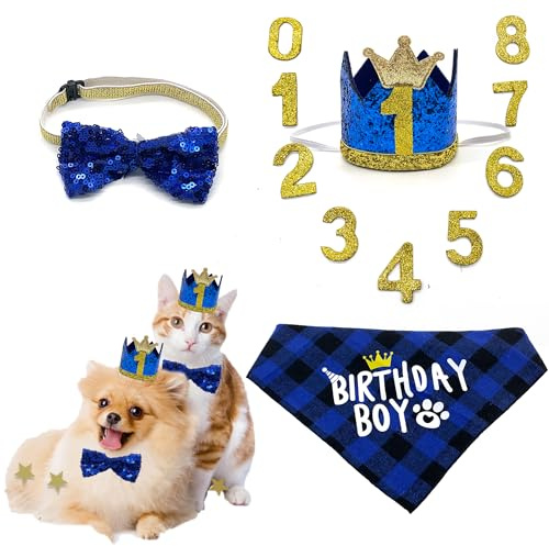 DHER Haustier Geburtstagsset Mit Goldenem Pailletten Hut Geburtstag Hut Pet Party Dekorationsset Hund Geburtstagshut Fliege Katze Geburtstag Pailletten DekorationszubehöR Festliche Party (Dunkelblau)