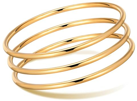 Gamtic 3Pcs Jonc Acier Inoxydable Femme - Bracelet Femme Jonc Rond Plaqué Or 18K Brillant Empilable Ensemble de Bracelets Etanches Bijoux pour Amie Soeur Maman Mamie Fille