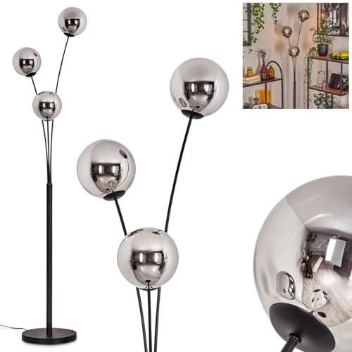 HOFSTEIN Stehleuchte Gastor, Stehlampe aus Metall/Glas in Schwarz/Chrom/Rauch, Leuchte im Retro/Vintage-Design mit Glasschirmen Ø 15cm u. Fußschalter, 170cm, E14, Wohnzimmer, Schlafzimmer, Esszimmer