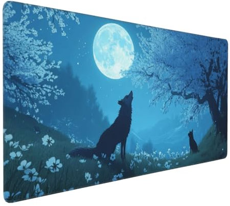 Gaming Mauspad XXL Mond Mousepad 800x400x4mm Wolf Verlängertes Mauspad Schreibtischauflage,Genähte Kanten Mauspad,Verbessert Präzision und Geschwindigkeit Wasserdicht Geeignet für Büro und Spiele