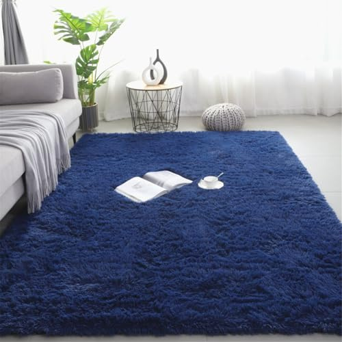 Highdi Tappeto Salotto Moderno Tappeto Shaggy a Pelo Lungo Tappeto Camera da Letto Soffice Antiscivolo Lavabile Tappeti Moderni per Soggiorno, Camera da Letto, Stile Classico (Blu Navy,120x200cm)