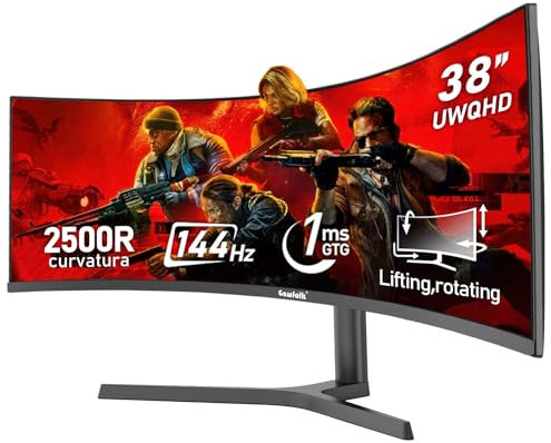 Gawfolk 38 Inch Ultrawide Curved 144Hz Gaming Computer Monitors 2500R PC screen 21:9 UWQHD (3840x1600) ,1ms,10bit,Freesync,Display Port、HDMI 2.0,Liftable,Compatible with wall-mounted 100*100mm.-Black