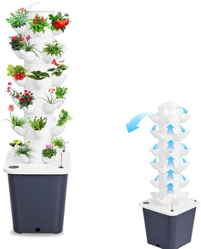 Torre de jardín hidropónico vertical, sistema de cultivo hidropónico de 30 plantas con tanque de 10 L, jardinera vertical de 6 capas, riego automático para jardinería interior doméstica, color negro