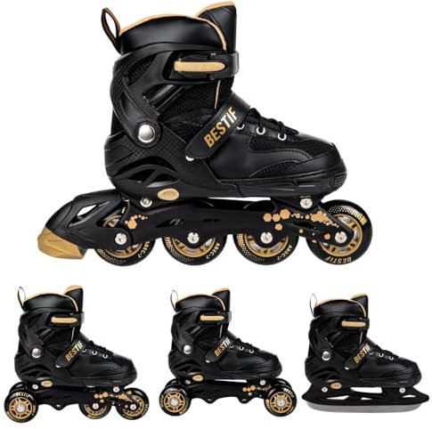 BESTIF Inliner für Kinder und Erwachsene Inline Skates 4in1 Rollschuhe Schlittschuhe Verstellbar (Schwarz-Gold, 34-37)