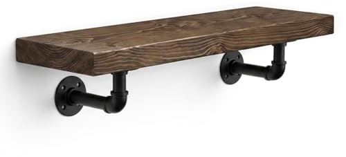 MKGT Handcrafted Rustic Wooden Floating Shelf with Industrial Pipe Brackets – 22cm Deep Solid Pine Wall Shelf, 45mm Thick, Made in the UK, Includes Fixings (Walnut, 40cm)