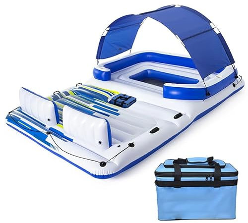 Île Flottante Gonflable, île Gonflable géante pour 6 à 8 Personnes, avec Parasol détachable et Sac Isotherme, pour Les fêtes d'été.