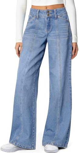 Sidefeel Womens High Waisted Wide Leg Stretchy Jeans, Iceland Blue, Size 8 | Soft Comfy Denim Pants, Seamed Front, Full Length, Double Buttons, Relxed Fit Trendy Jeans with Pockets, Casual Daily Wear