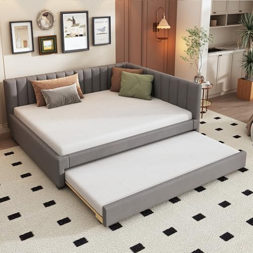 RIAZOS Polsterbett Daybett 90x200 cm, Schlafsofa mit Ausziehbares Bett, Ausziehbett Tagesbett mit Lattenrost, Gästebett Holzbett Sofabett, Samtstoff, ohne Matratze, Grau
