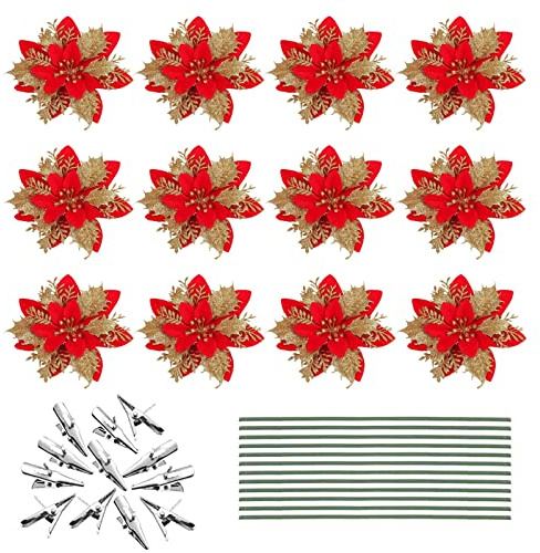 Azexcy 12 Pz Fiori di Stella di Natale Fiori per Albero di Natale con Clip Ornamento di Albero di Natale Glitter Poinsettia Ornamenti per Alberi di Natale