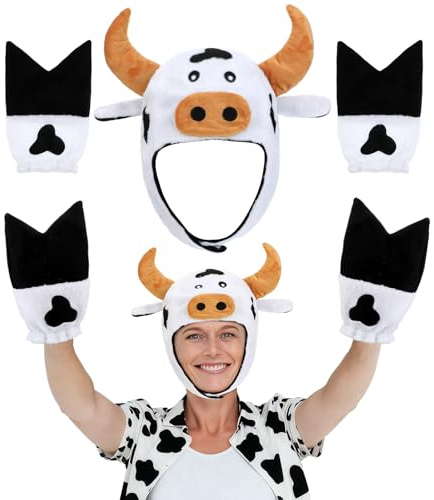 Mepase Cow Costume Set Includes Plush Cow Hat and Cows Gloves Funny Farm Animal Dress up Accessory for Crazy Hat Day Cosplay Supplies