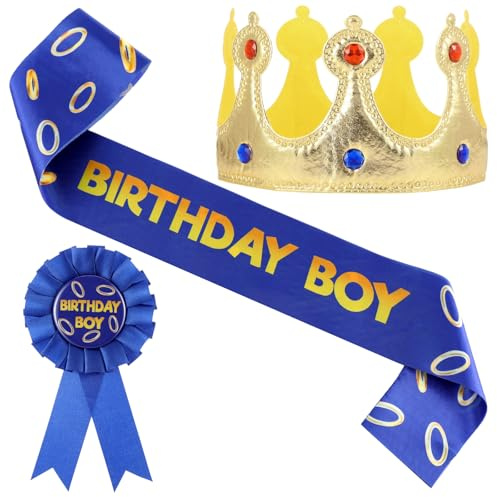 Norme 3 Pcs Blue with Gold Ring Birthday Sash King Crown and Button Pin Blue Golden Rings Cartoon Themed Birthday Party Accessory Set for Party Supplies Favors