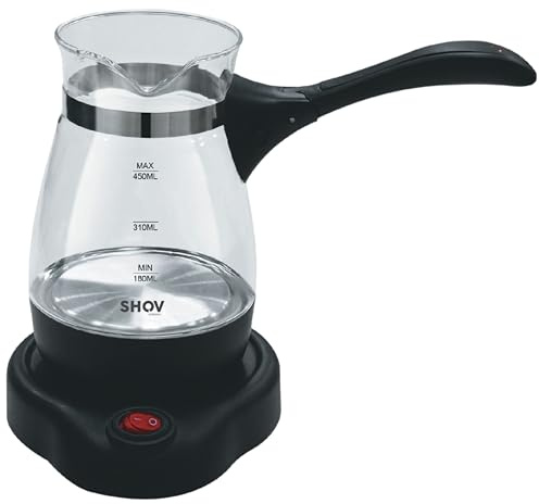Shov KONYA Cafetière turque électrique, 450 ml, en verre Cezve, pour café turc et moka, avec protection contre la surchauffe, fonction de cuisson rapide et poignée ergonomique