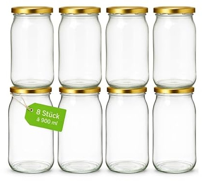 Einmachgläser mit schraubdeckel 900 ml 8er Set mit goldenen Deckel fi82 Einmachglas Einweckgläser - Vorratsgläser Glas luftdicht Twist Off - für Gurken Paprika Kompott Marmelade Honig Einmachen