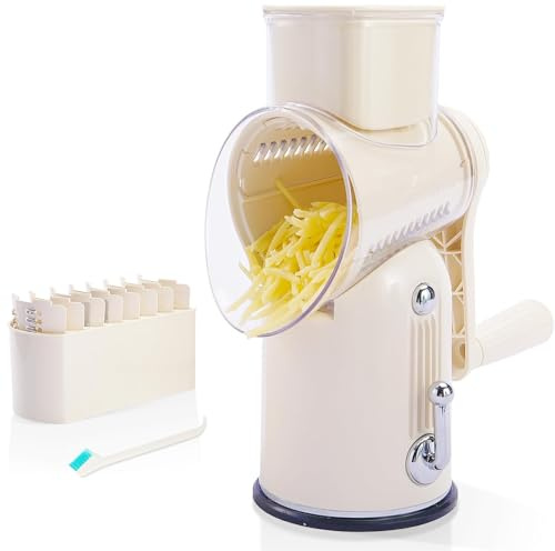 Cortador de Verduras Giratorio 5 en 1 con Mango, Rallador de Verduras Multifunción con Manivela y Base de Ventosa Resistente, Ideal for El Hogar, Fiestas y Preparación de Comidas(Beige)