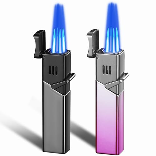 2 Pack Four Jet Flame Lighter, Adjustable Windproof Flame and Gas Refillable, Portable Butane Torch Lighter for BBQ, Camping, Kitchen,Outdoor and Candles, (Without Butane)-Black+Silver Pink