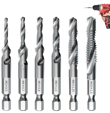Lot de 6 tarauds hélicoïdaux M3 M4 M5 M6 M8 M10 avec revêtement anti-rouille, outil de taraudage avec tige hexagonale, pour forets à bois et métal