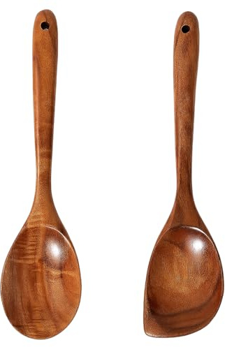 2 Piece Teak Wooden Cooking Utensils Set - Wooden Spoons for Cooking, Big Wooden Spoon for Kitchen, Natural Wooden Cooking Spoons with Ergonomic Handl