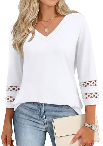 Cuptacc Camisetas Mujer Manga 3/4 Cuello en V Blusas Verano Elegantes Top | Otoño,Verano,Primavera,Elegant,Casual,Informal,Manga 3/4,Clásico,Chic,Color Sólido,Encaje,Suelto,Cómodo,Transpirable