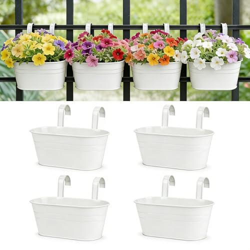 RIOGOO Macetas de metal Hierro Colgantes Macetas de jardín Macetas de balcón Macetas de metal Cubo de flores Soportes para colgar en la pared Maceta de decoración - Gancho desmontable (4 PCS) (blanco)