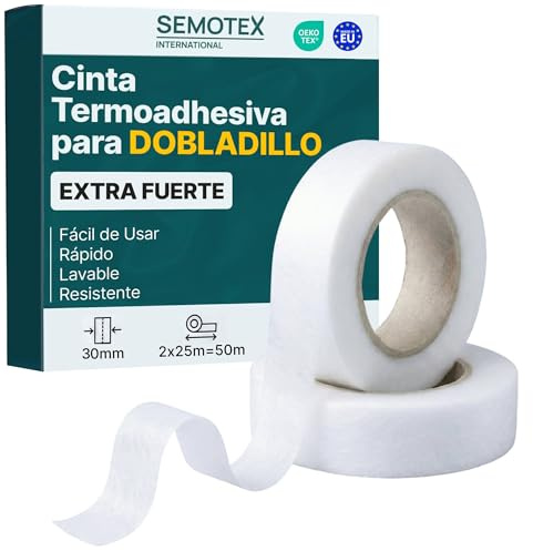 gemola Cinta Termoadhesiva para Dobladillos EXTRA FUERTE - 50 Metros x 30 mm - Cinta Adhesiva Dobladillos. Cinta para Cortinas, Bajo Pantalón, Vestidos, Vaqueros - 30 milímetros ancho