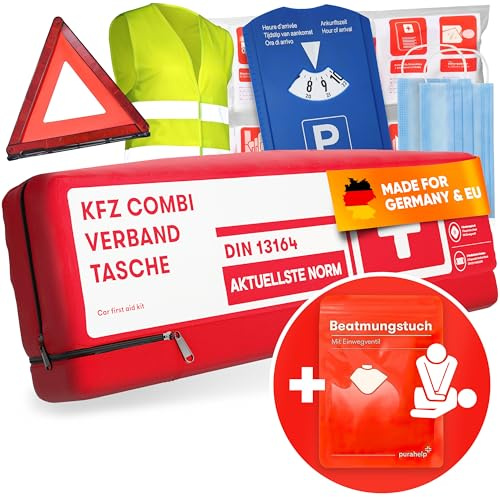 PURAHELP® KFZ Kombitasche + Parkscheiben - Inkl. Warndreieck und Warnweste | Verbandskasten Warndreieck Set Auto