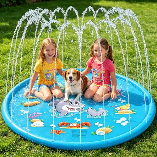 Splash Pad for Kids and Dogs, 68/170CM Splash Water Play Mat, Foldable Outdoor Sprinkler Play Mat, Non-Slip Summer Outdoor Water Play Sprinklers Games Garden Beach Spray Mat Toy Gifts for Boys Girls
