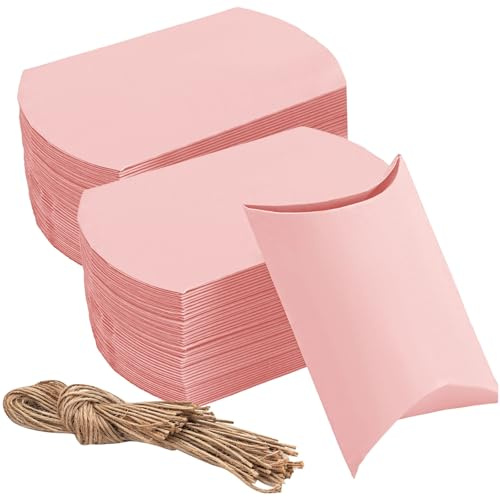 YHomU 150 Stück rosa Partygeschenkboxen, rosa Kissenschachteln mit Bindfaden, Kraftpapier-Design für Partys, Geschenke, Brautpartys, Babypartys, Geburtstagsveranstaltungen