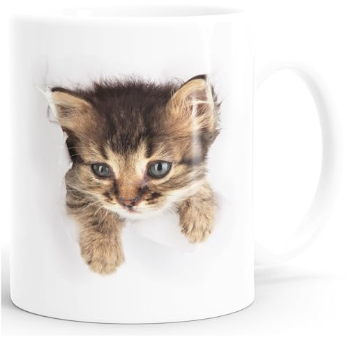 MoonWorks Kaffee-Tasse mit süßem Katzen-Aufdruck Katzen Baby schaut aus der Tasse Weiss unisize