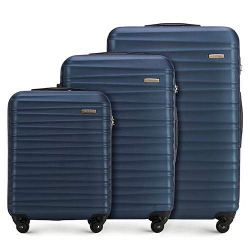 WITTCHEN Reisekoffer 3er Koffer-Set Rollkoffer Trolley Handgepäck Reisekofferset Gepäckset Hartschale aus ABS 4 Spinner-Rollen Zahlenschloss Groove Line Marineblau Lufthansa/Eurowings/Ryanair/Condor