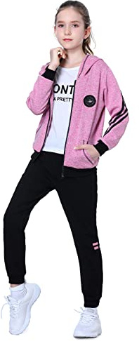 LPATTERN Kinder Mädchen 3tlg Bekleidungsset Zweiteiler Sportanzug Trainingsanzug Jogginganzug Freizeitanzug Outfit-Set(Kapuzenjacke+ Trainingshose), Pink(3-Teilig), 150