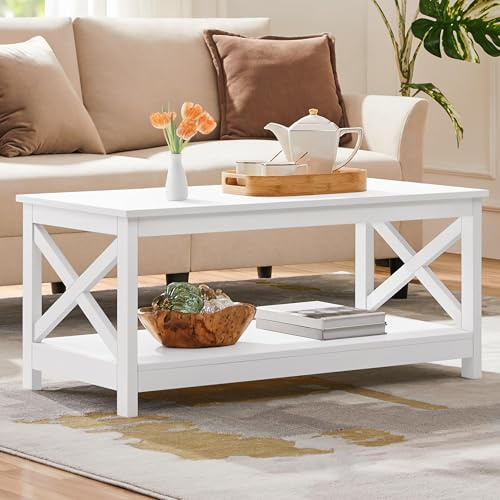 Yaheetech Wood 2-Tier White Coffee Table with Storage Shelf for Living Room, X Design Accent Cocktail Table, Simple Design Home Furniture, 39.5 x 20 x 18 Inches