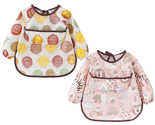 atopo 2 Stück Baby Lätzchen mit Langen Ärmeln Wasserdicht Baby Fütterung Ärmellätzchen Waschbare Baumwolle Baby Schürze für 6-36 Monate Kinder Essen Malen und Spielen