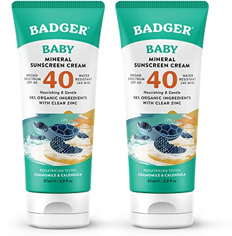 Badger Mineral Baby Sunscreen Cream SPF 40, 98% Organic Toddler Sunscreen with Zinc Oxide, Broad Spectrum, Reef Safe, Water Resistant, Pediatrician Tested Baby Sunblock, 2.9 fl oz, 2-Pack