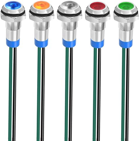 Gebildet 5pcs 8mm 3V-4.5V-5V-6V-7.5V-9VDC LED Metal Indicator Light Waterproof Signal Lamp Pilot Dash Directional Car Truck Boat with Wire(Red/Orange/Blue/Green/White)