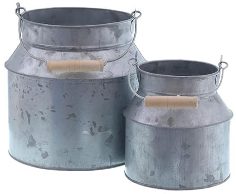 Spetebo Lot de 2 pots à lait décoratifs en zinc – 18/13 cm – Lot de 2 seaux à fleurs avec anse et poignée en bois – Pot pour plantes, herbes, fleurs, pots pour jardin, balcon et terrasse
