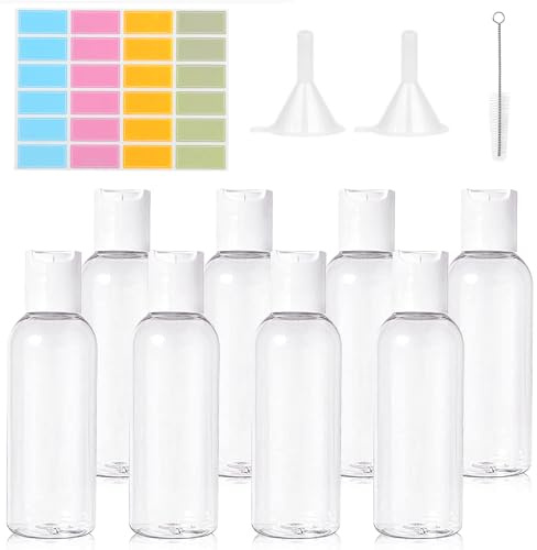 Flintronic 8-pack 100 ml genomskinliga reseflaskor för toalettartiklar, schampo, kosmetisk vätska - inkluderar 4 sprayhuvuden, 2 droppar, 2 trattar, 2 arketyper, 1 borste