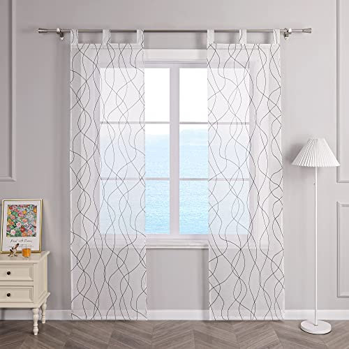 ESLIR Schiebegardinen Set 2er Flächenvorhänge Voile Gardinen mit Schlaufen Schiebevorhang Transparent Schlaufenschal Modern mit Wellen Muster Schwarz BxH 57x225cm 2 Stück