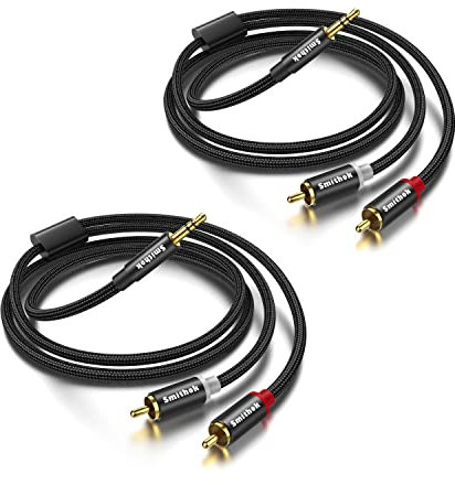 Smithok 2 Pack 3.5mm to RCA Cable,Gold Plated,Nylon Braided 1/8 Male to Male Stereo Aux Cord [Left/Right] Y Splitter Adapter for Tablets, Speakers, Smartphones, MP3, HDTV –Black (3.3Ft/1m)