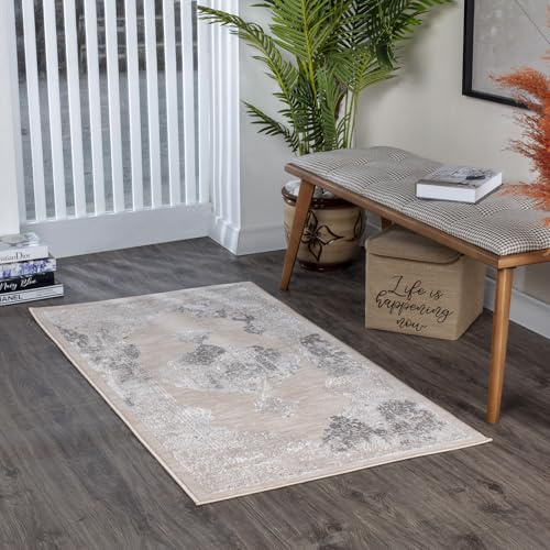Livabliss Tangier Tapis vintage pour couloir, salon, 80 x 150 cm, style scandinave neutre, style bohème, poils naturels faciles d'entretien, beige, 80 x 150 cm